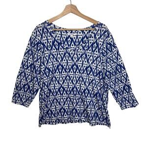 Chico’s Pima Cotton 3/4 Sleeve Ikat Print Shirt Top Blue White Sz 3 / XL Casual